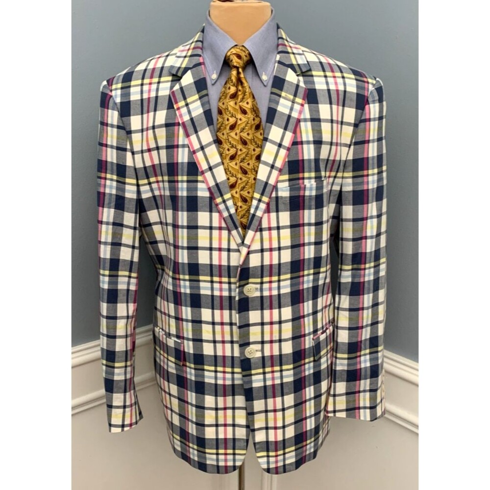 Saddlebred Blazer Mens 46R Madras Plaid Cotton Preppy Jacket Sportcoat